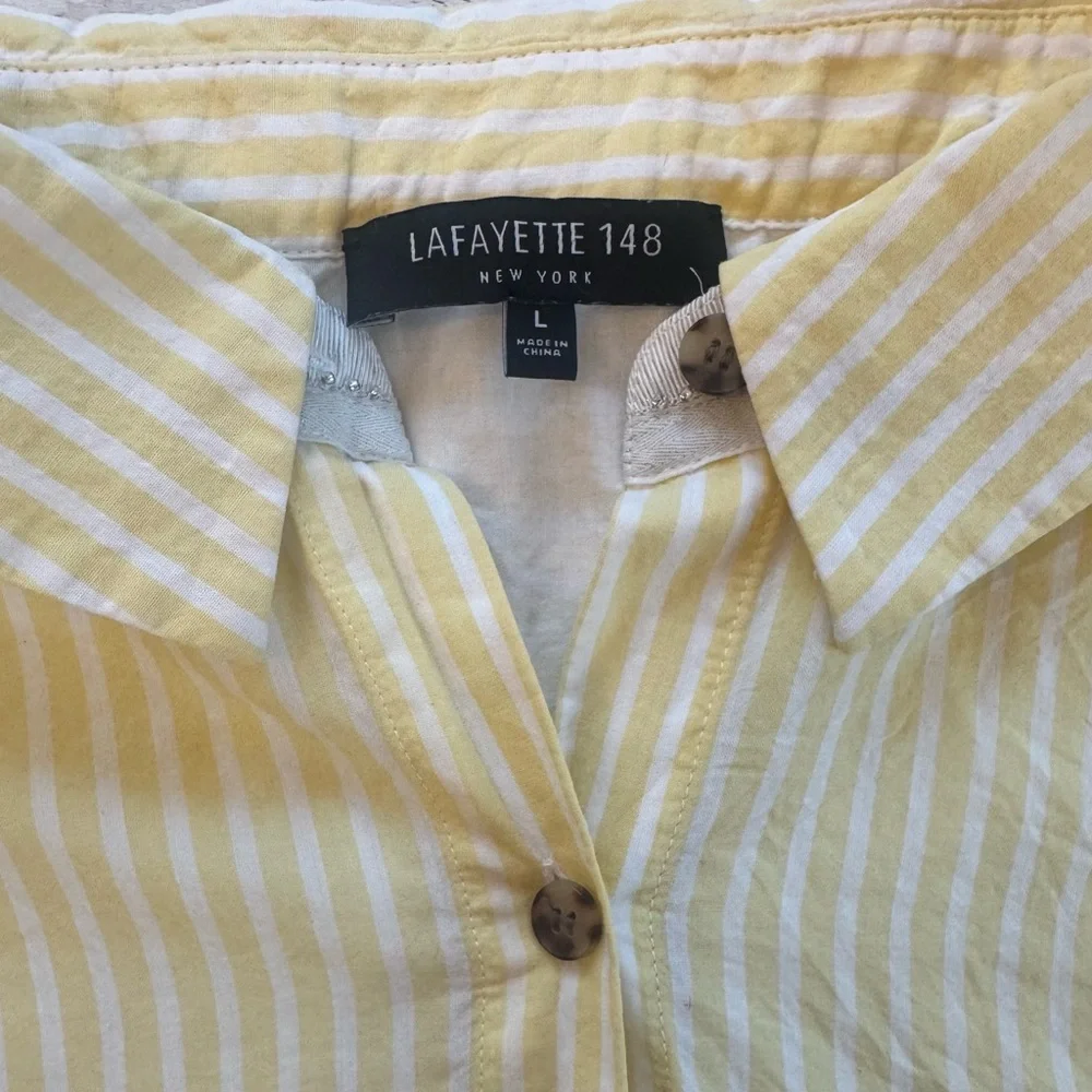 Lafayette 148 Top Yellow/White Striped Short Sleeve Button Down Shirt L - Picture 3 of 9